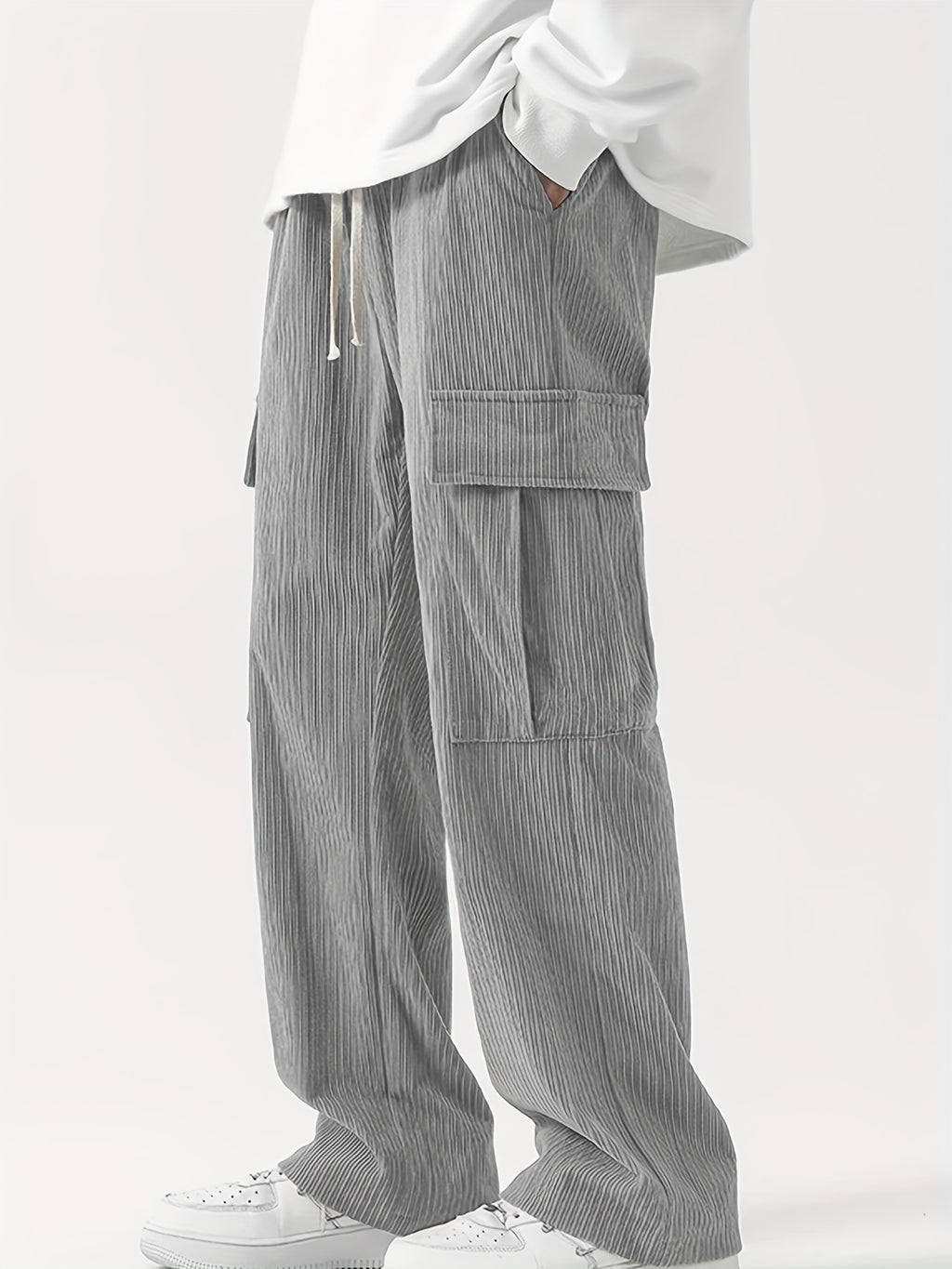 Gray Pleated Texture Oversized Cargo Pants