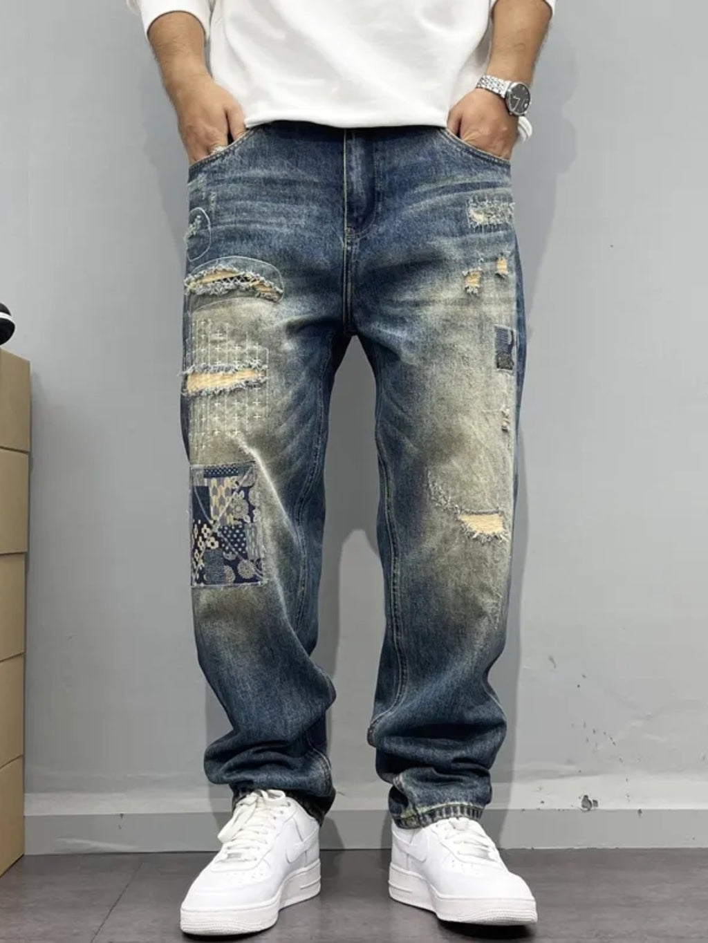 Vintage Distressed Patchwork Relaxed Tapered Jeans