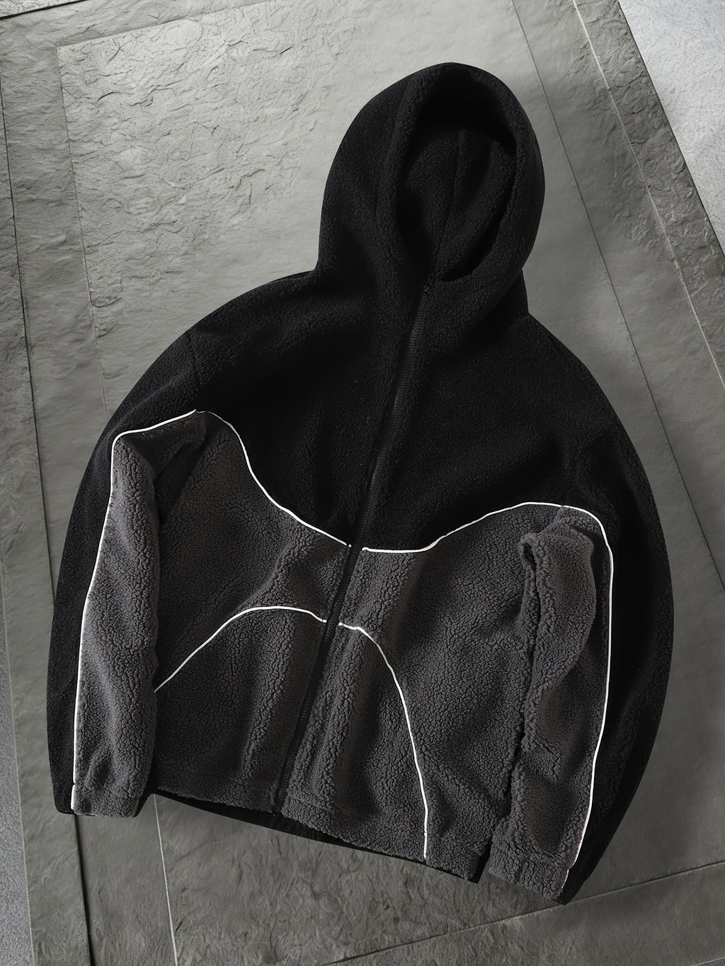 Two-Tone Sherpa Fleece Hooded Zip-Up Jacket with Reflective Piping