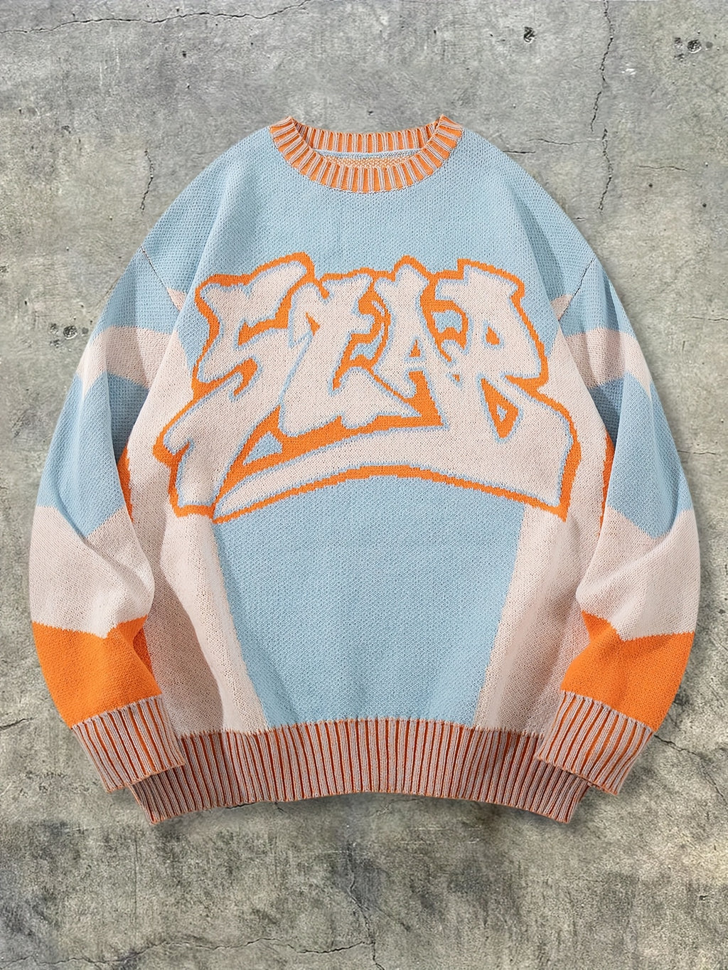 Pastel Color-Block Graffiti Knit Oversized Sweater