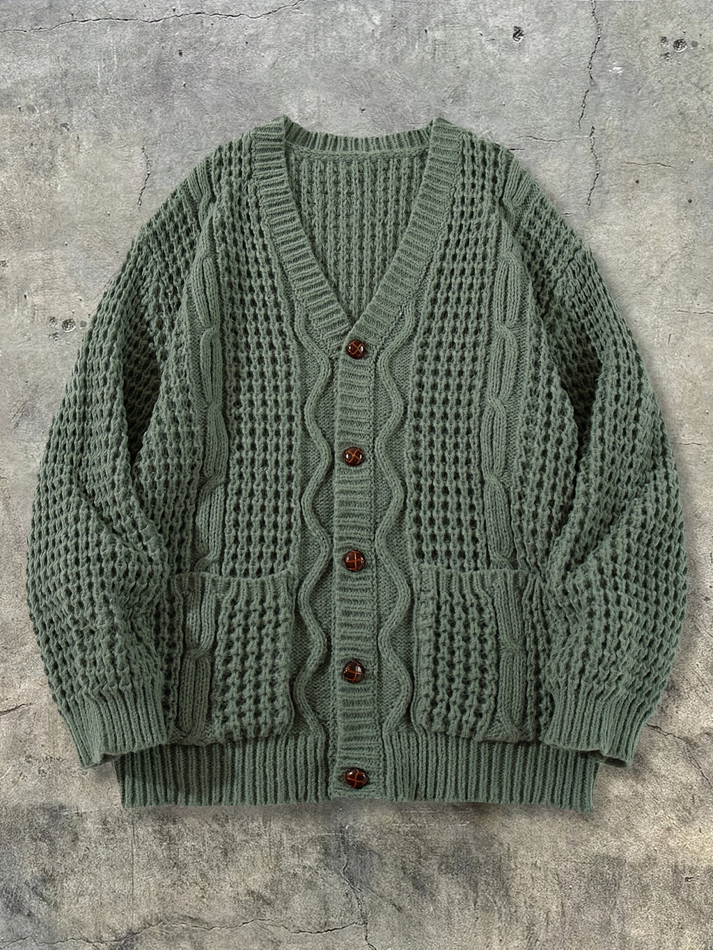 Vintage Olive Green Textured Knit Oversized Cardigan