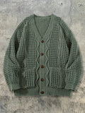 Vintage Olive Green Textured Knit Oversized Cardigan