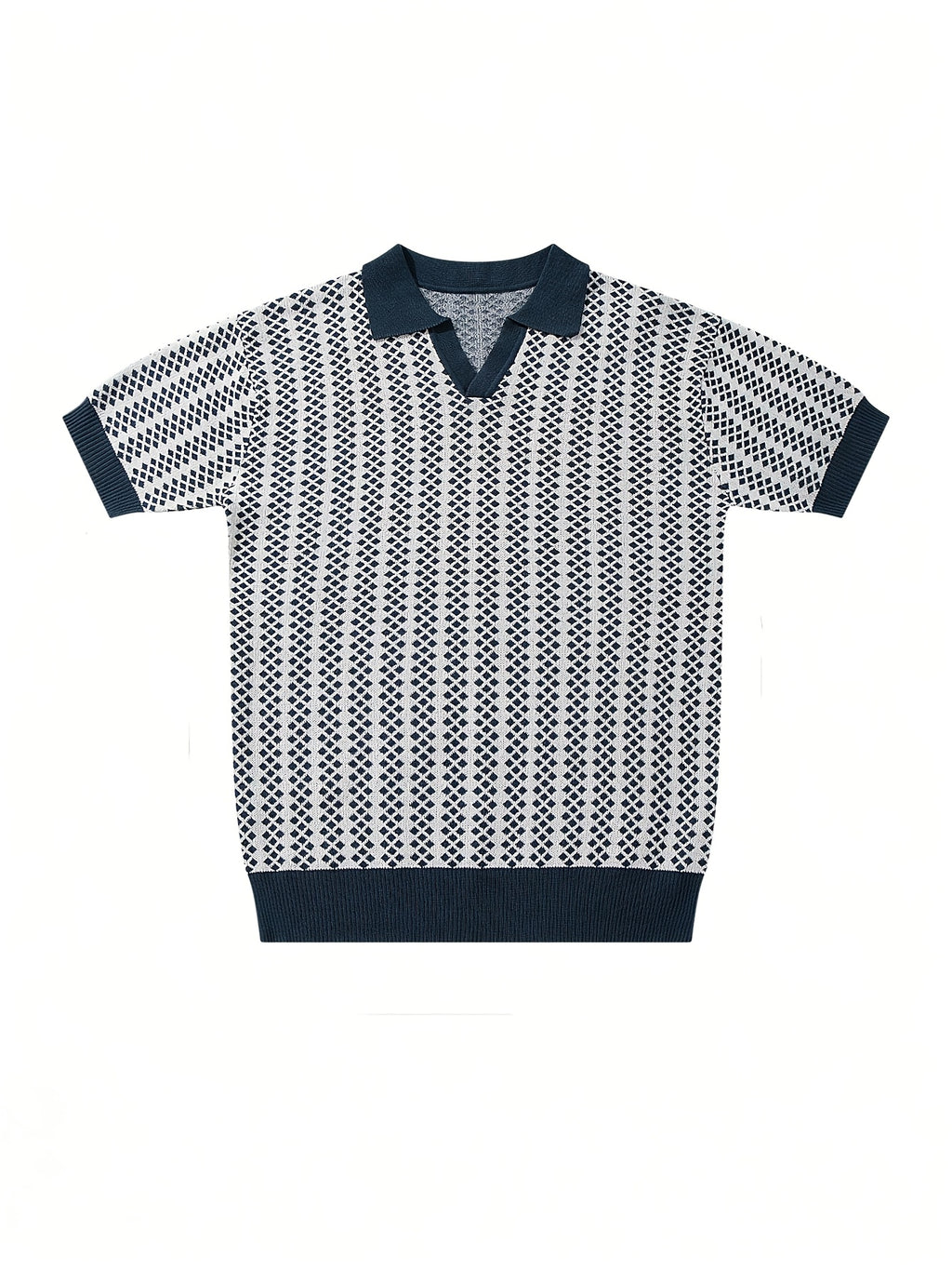 Navy & White Diamond Pattern Knit Polo Shirt