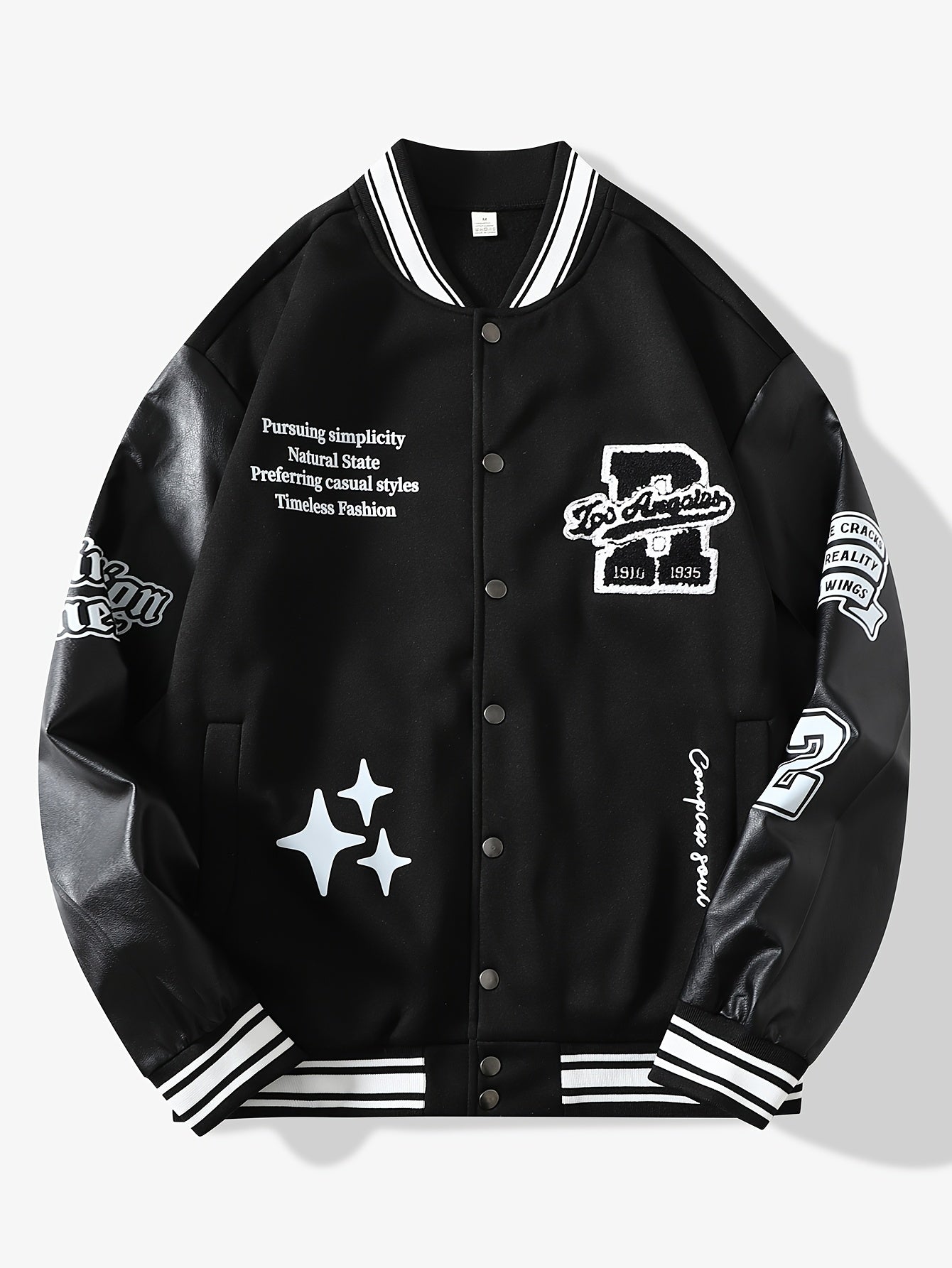 Black Varsity Graphic Baseball Jacket with Faux Leather Sleeves