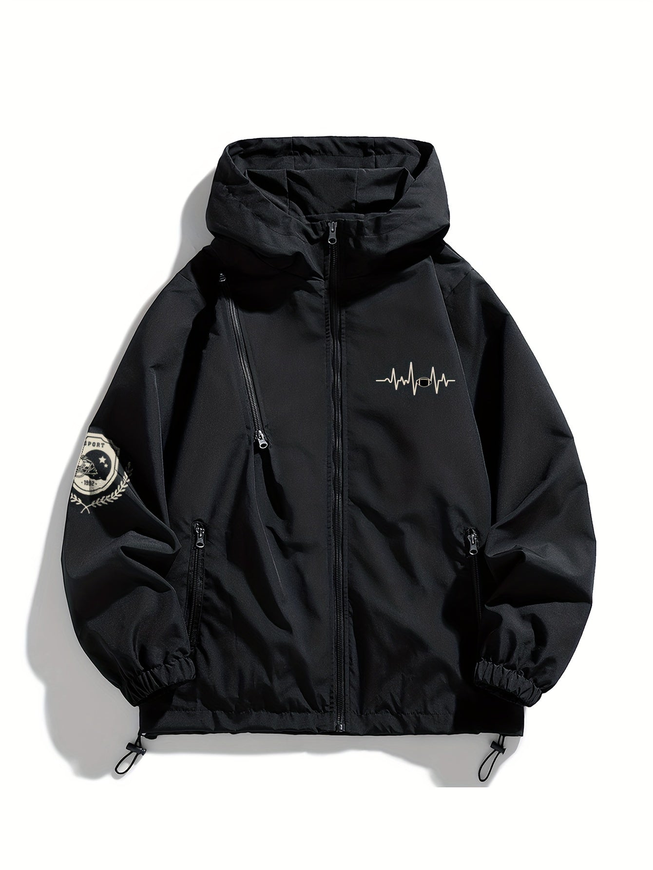 Black Oversized Water-Resistant Windbreaker Jacket with Graphic Details