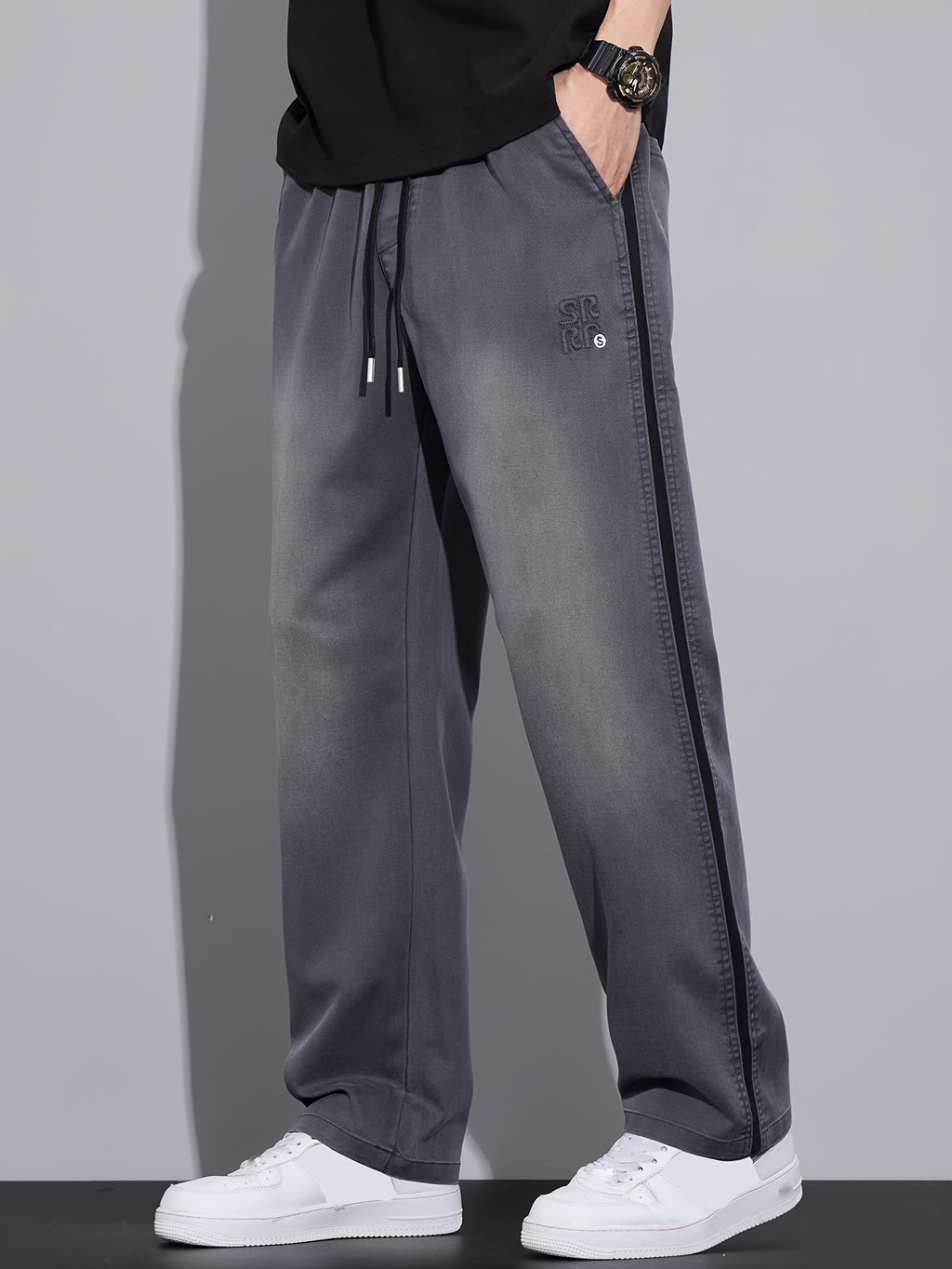 Gray Gradient Side-Stripe Wide-Leg Casual Pants