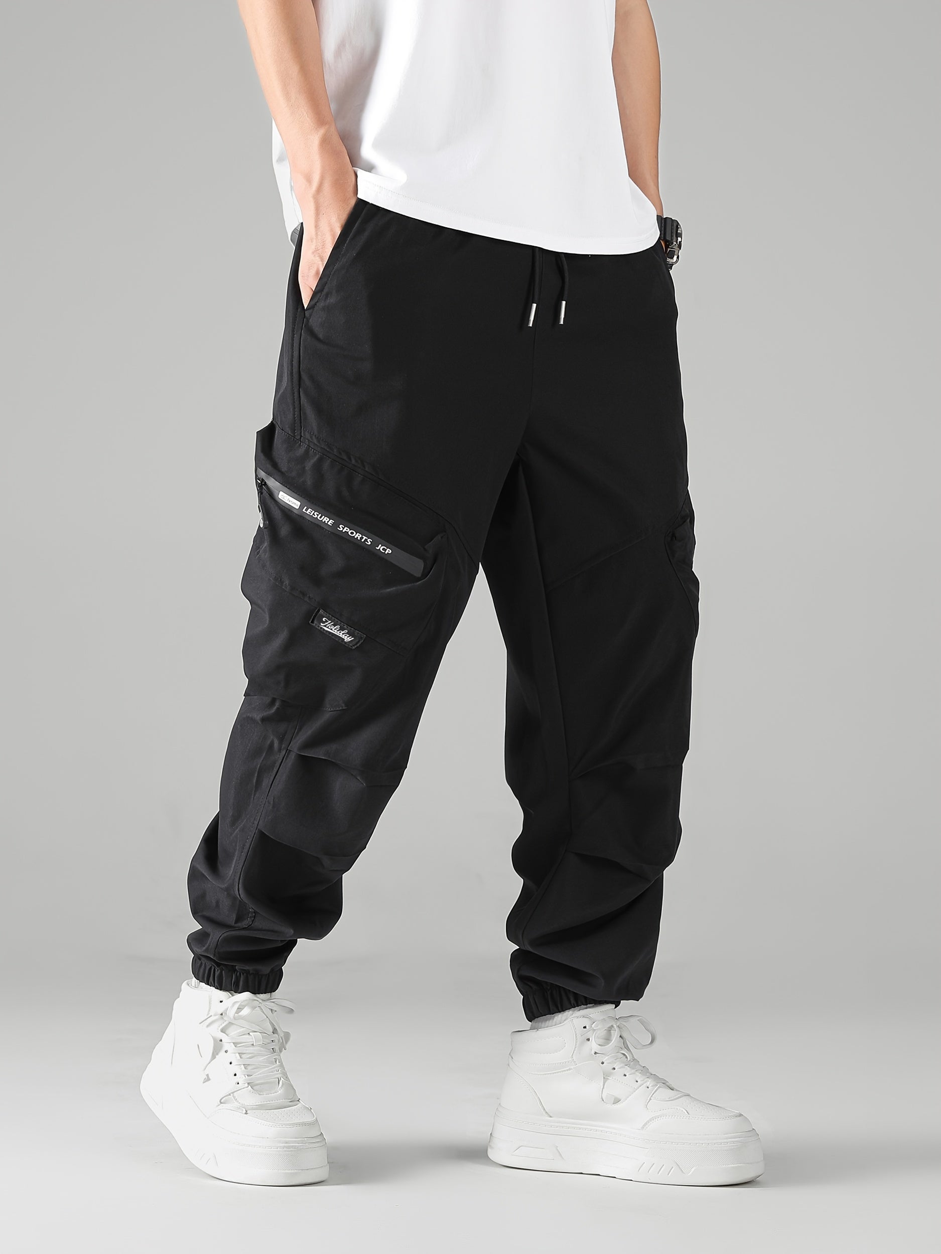 Black Oversized Cargo Jogger Pants with Functional Pockets