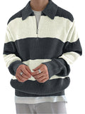 Gray & Cream Striped Half-Zip Polo Knit Sweater