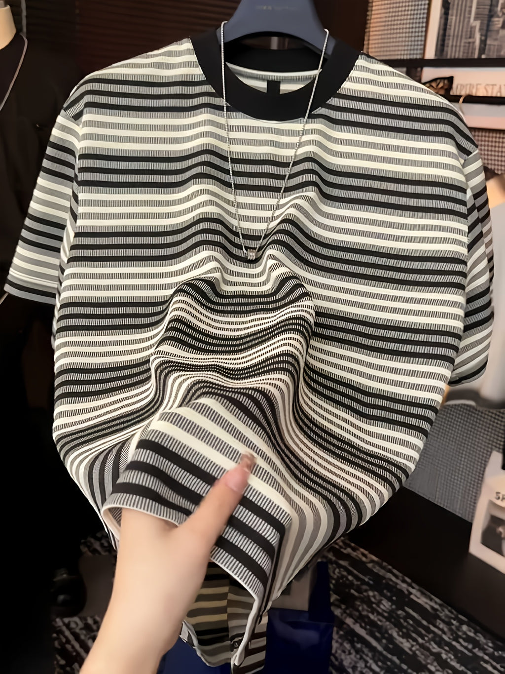 🖤 Black & White Striped Ribbed T-Shirt