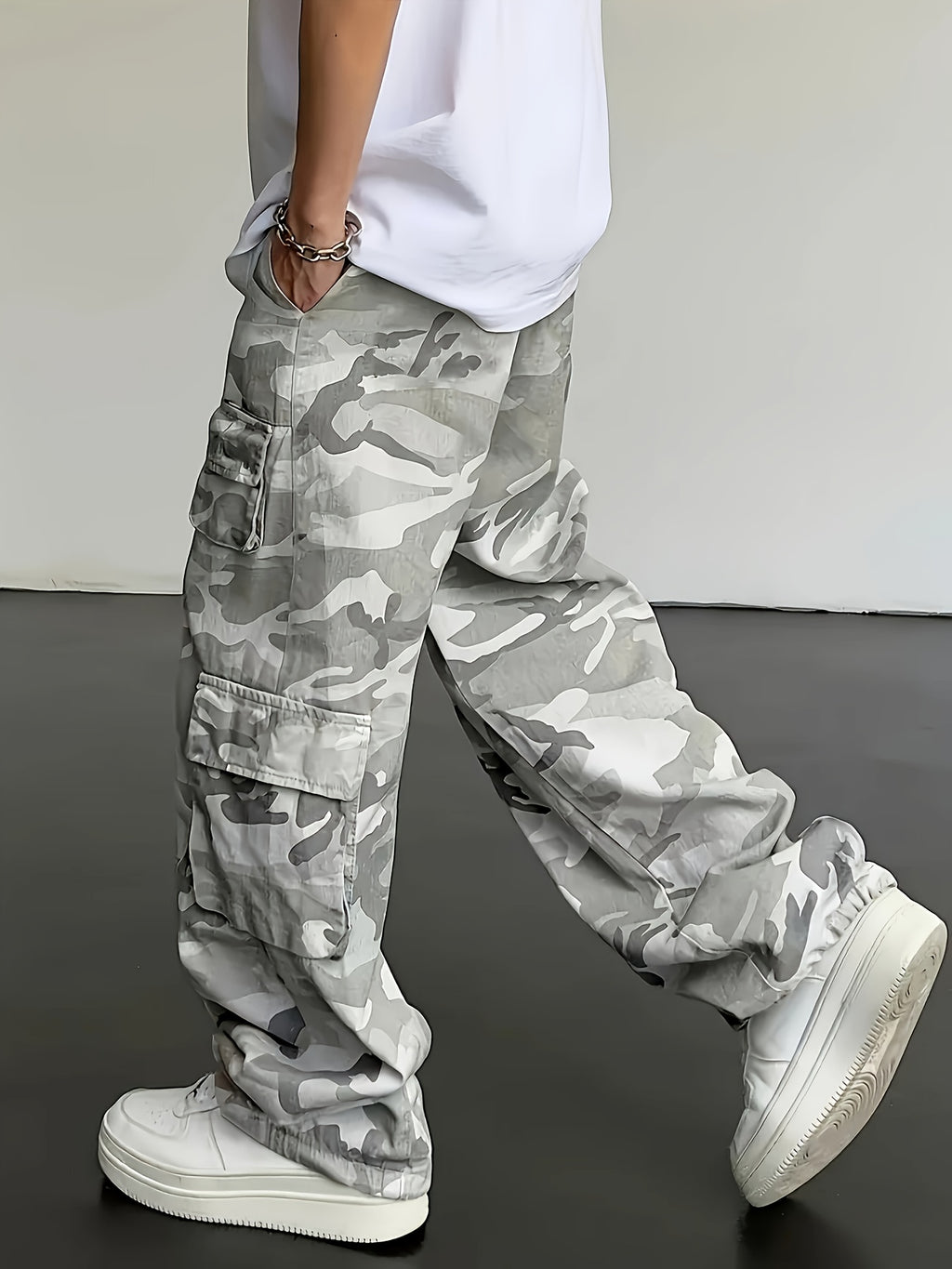 Light Gray Camo Oversized Wide-Leg Cargo Pants