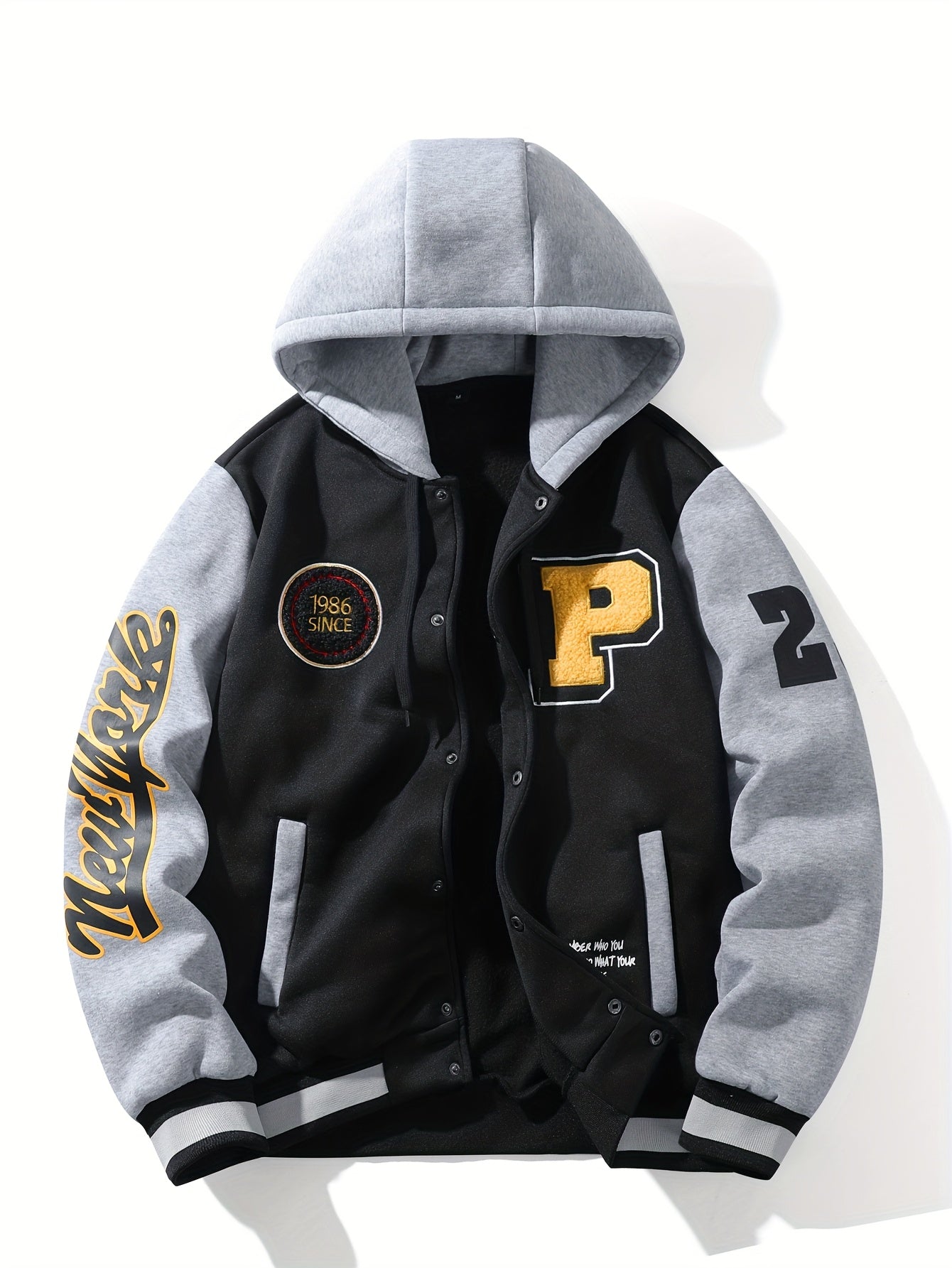 Black & Gray Hooded Varsity Baseball Jacket with Graphic Patches
