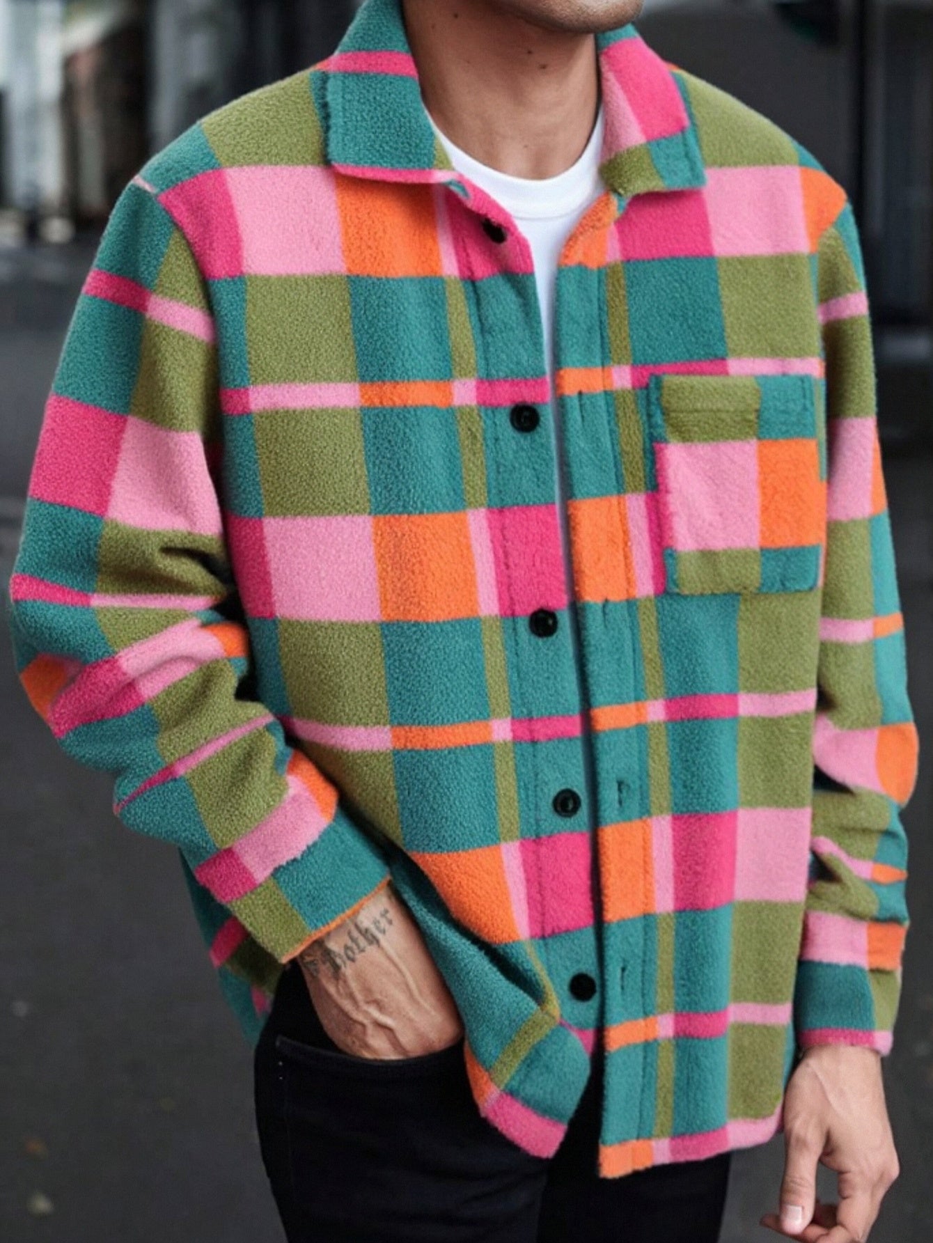 Vibrant Check Sherpa Fleece Oversized Shirt Jacket