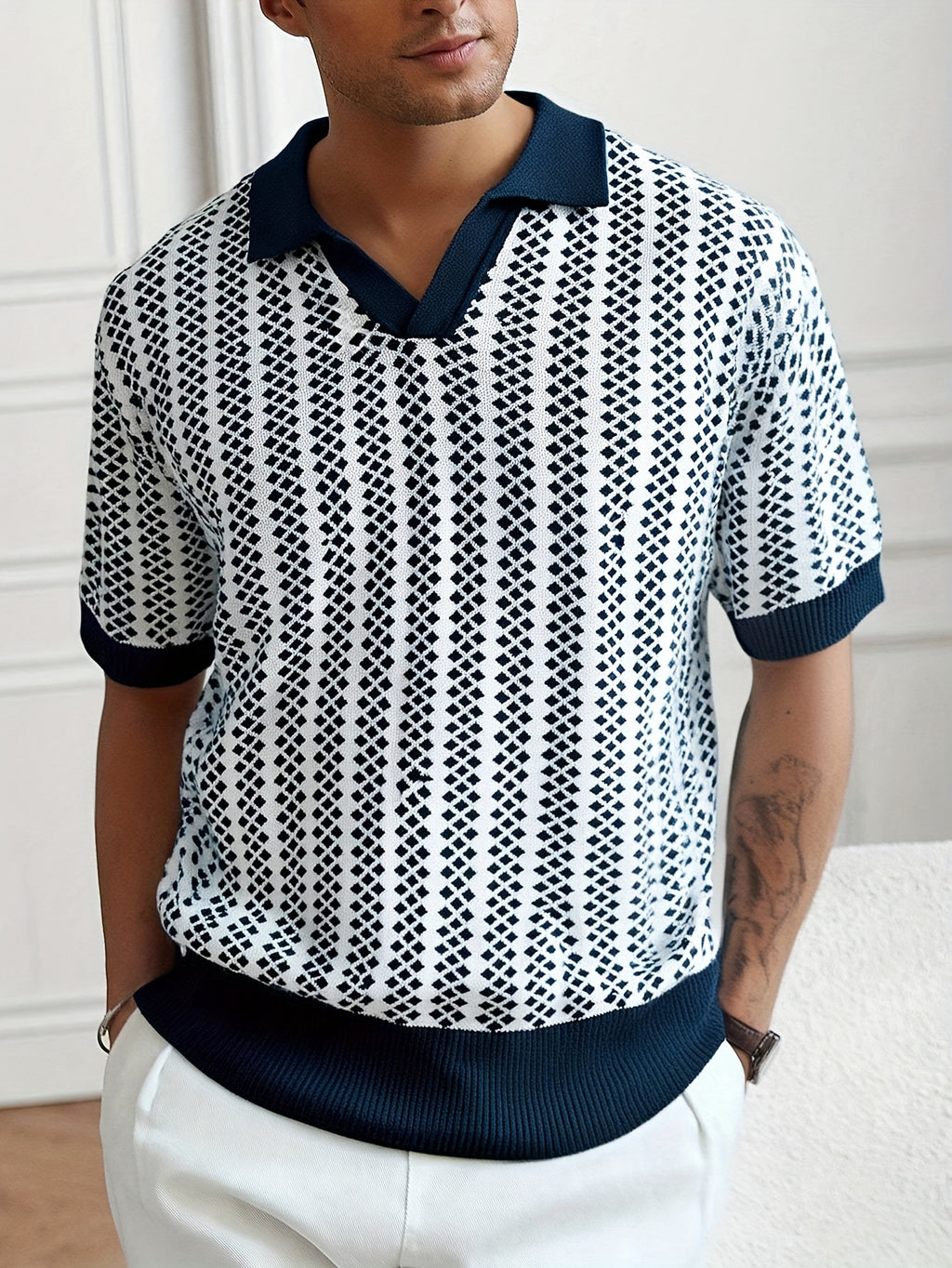 Navy & White Diamond Pattern Knit Polo Shirt