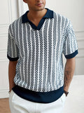 Navy & White Diamond Pattern Knit Polo Shirt