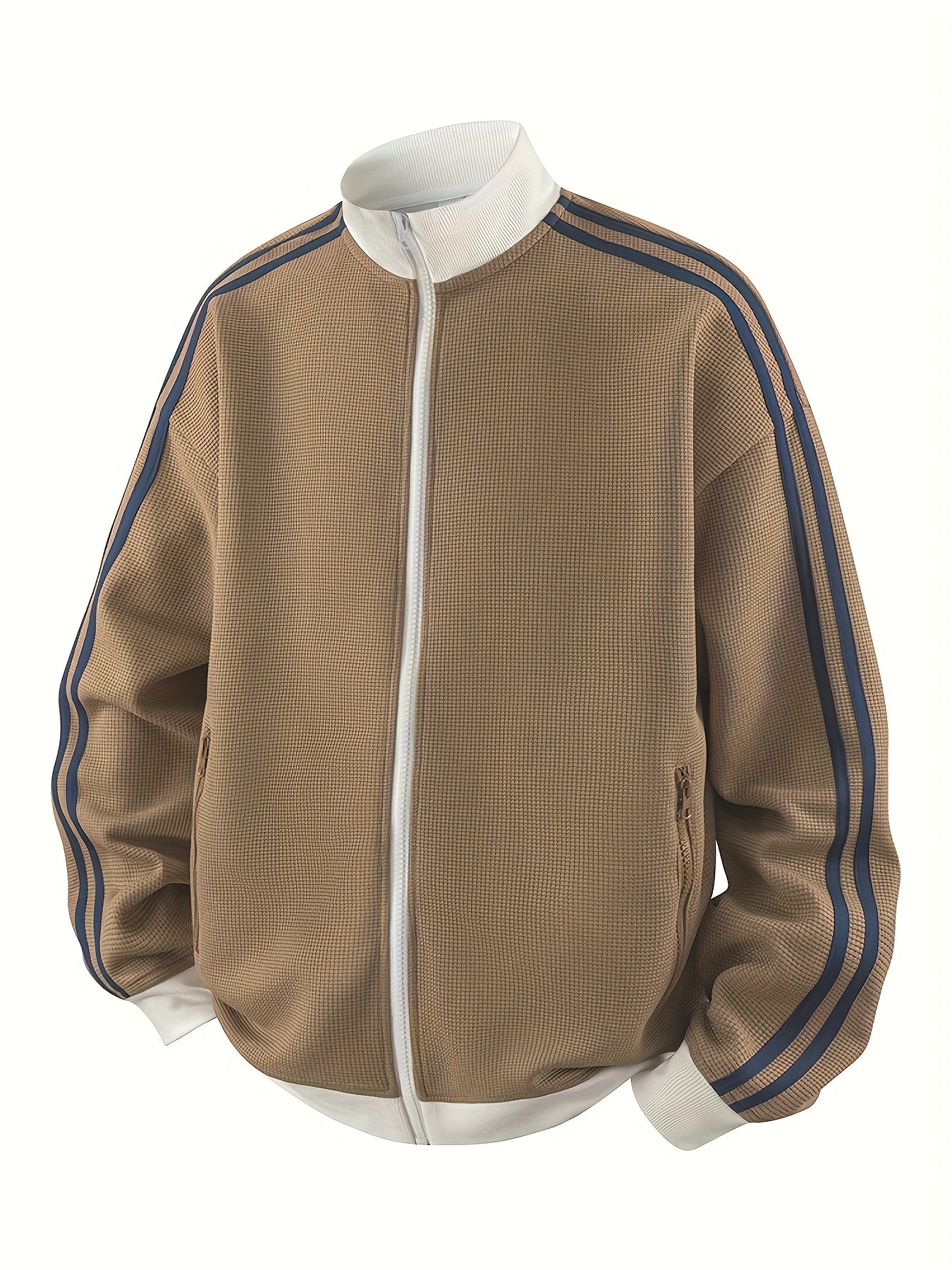 Camel Waffle-Knit Retro Track Jacket with Contrast Ribbing