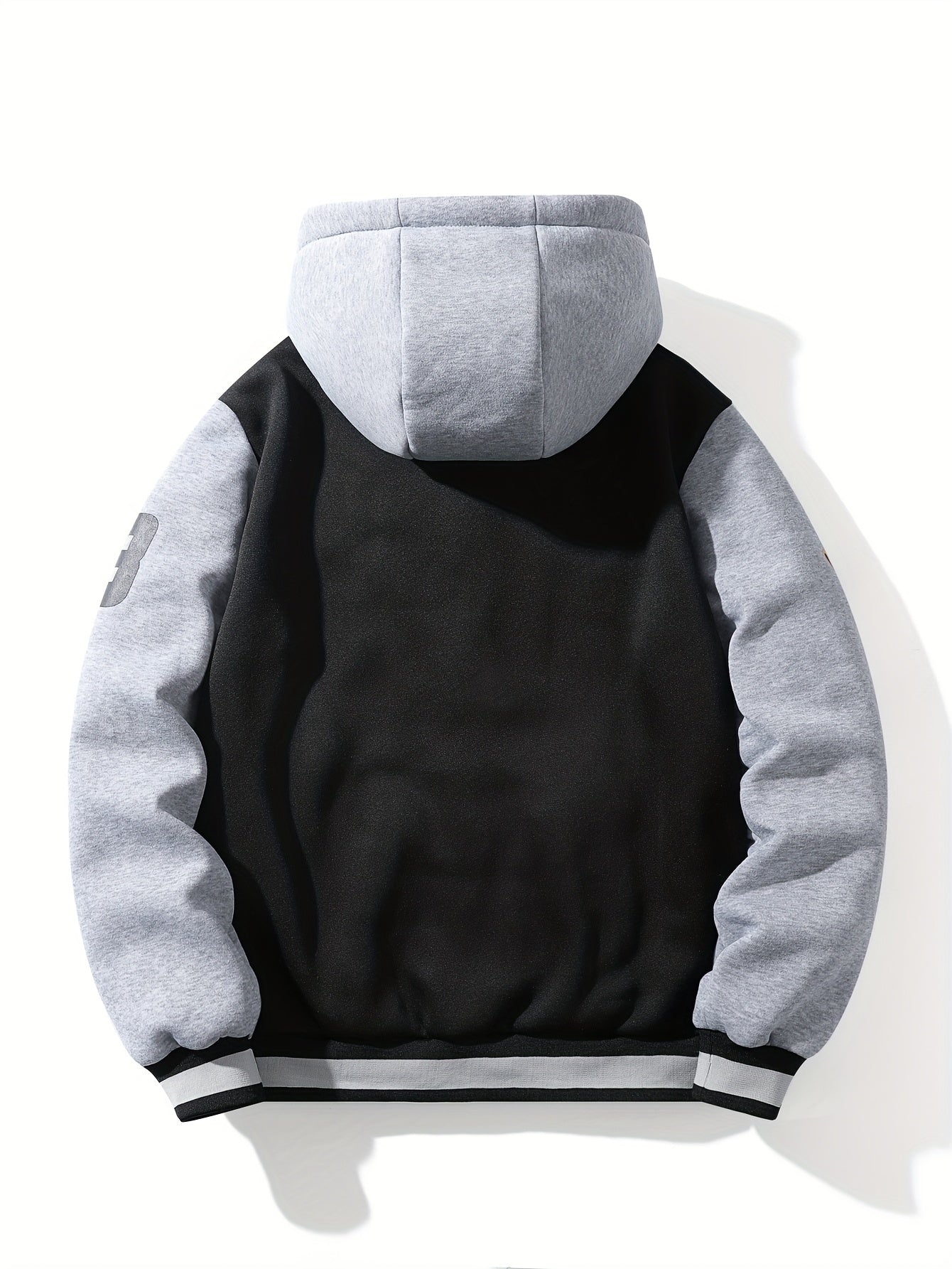 Black & Gray Hooded Varsity Baseball Jacket with Graphic Patches