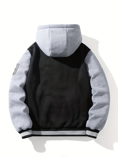 Black & Gray Hooded Varsity Baseball Jacket with Graphic Patches