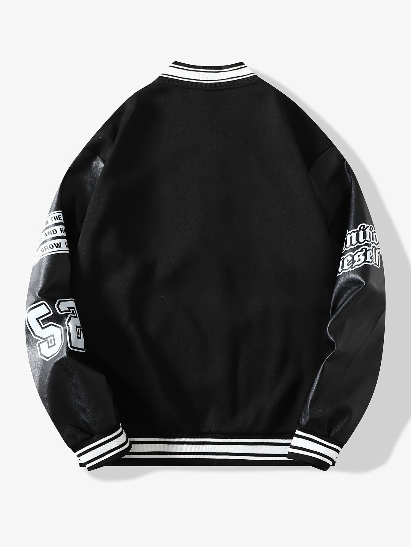 Black Varsity Graphic Baseball Jacket with Faux Leather Sleeves