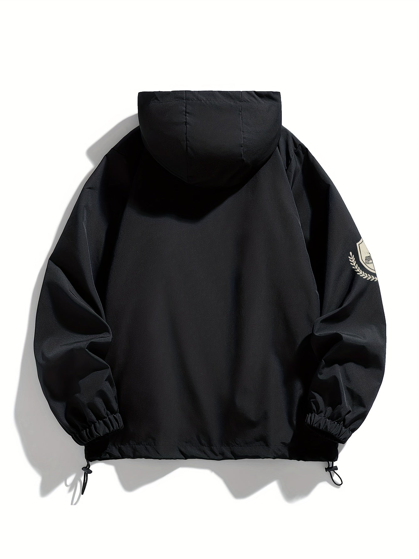 Black Oversized Water-Resistant Windbreaker Jacket with Graphic Details