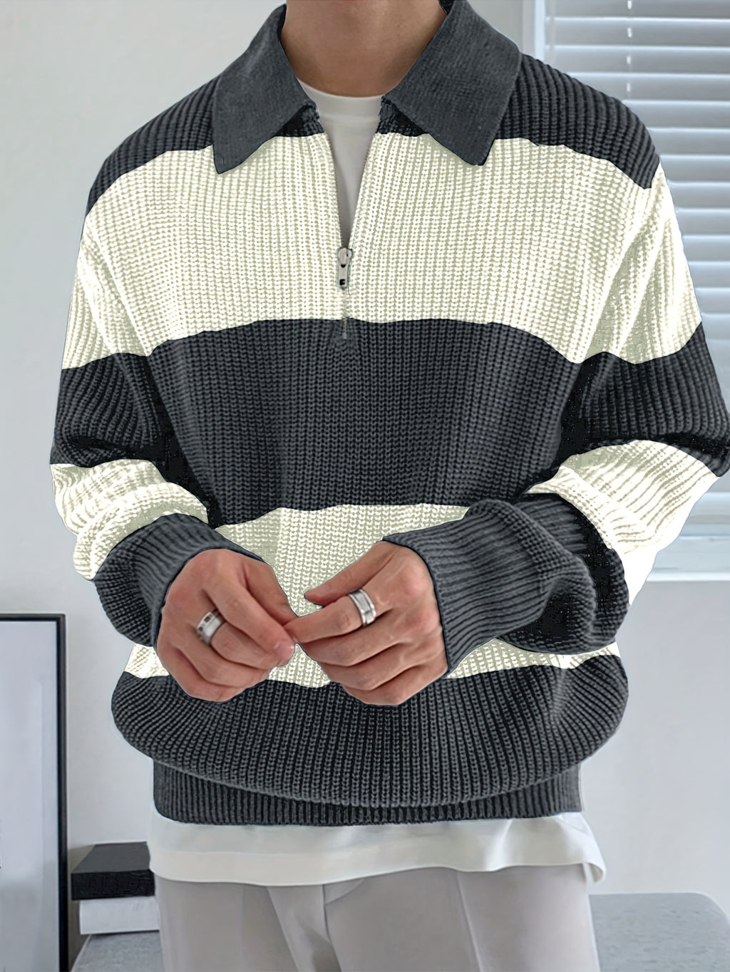Gray & Cream Striped Half-Zip Polo Knit Sweater