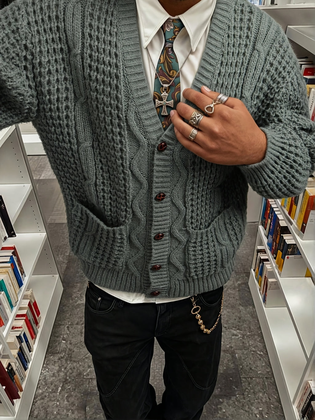 Vintage Olive Green Textured Knit Oversized Cardigan