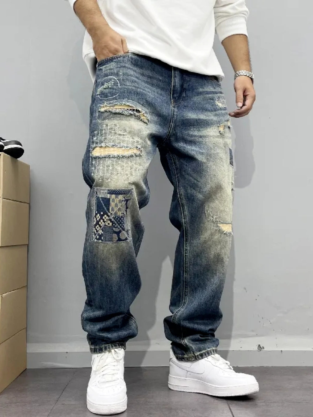 Vintage Distressed Patchwork Relaxed Tapered Jeans