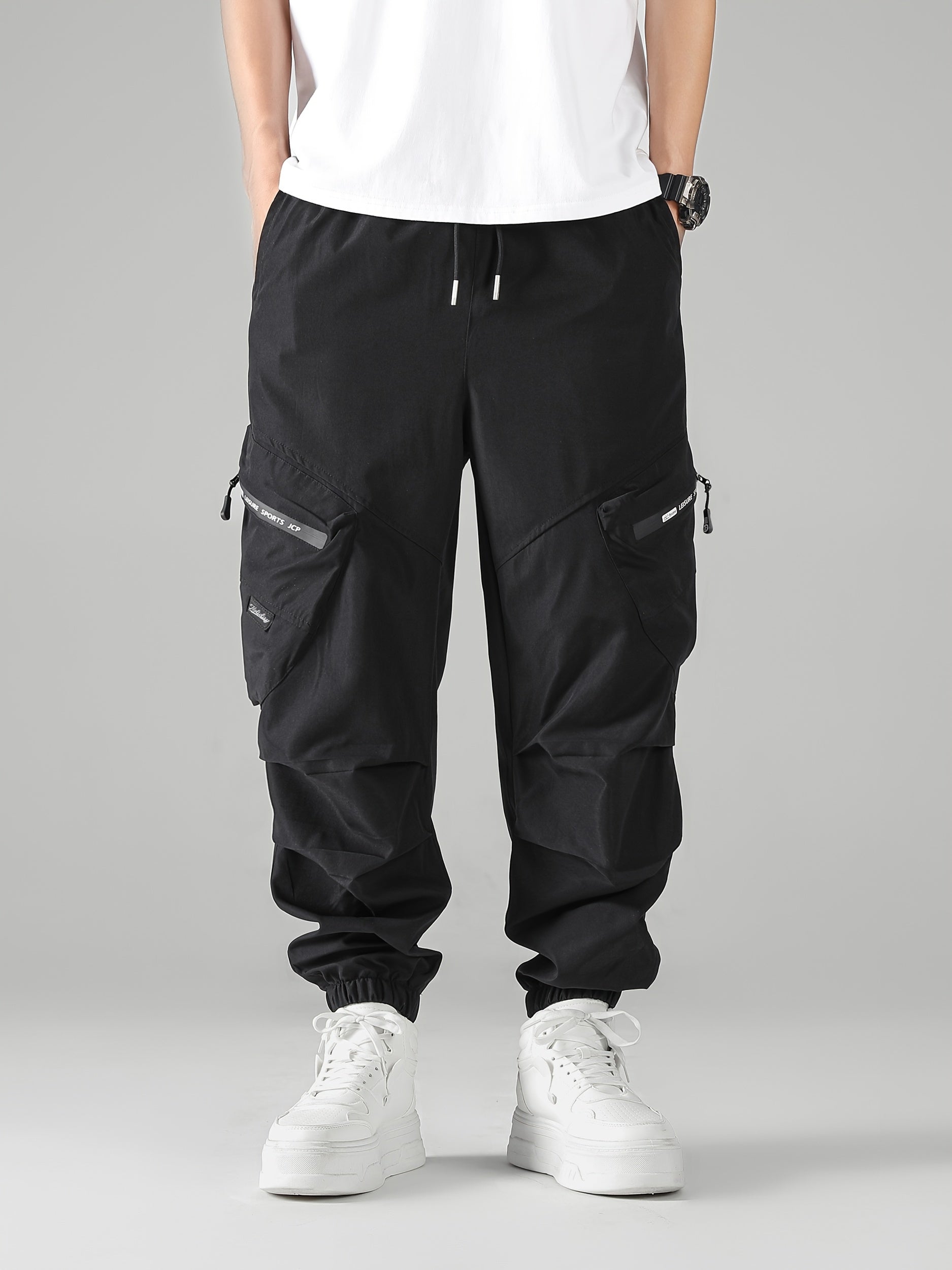 Black Oversized Cargo Jogger Pants with Functional Pockets