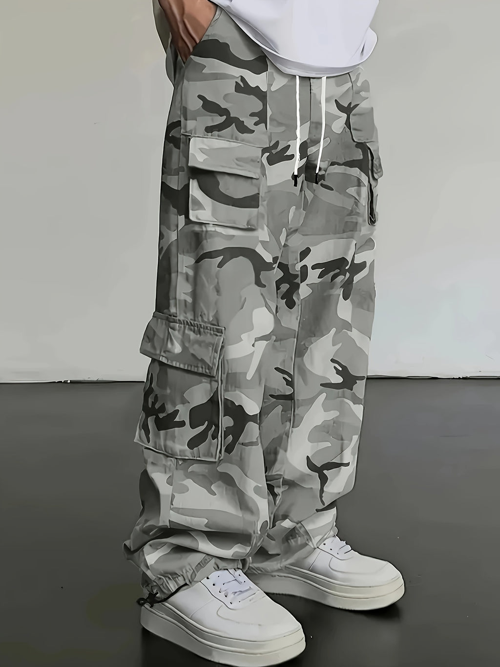 Light Gray Camo Oversized Wide-Leg Cargo Pants