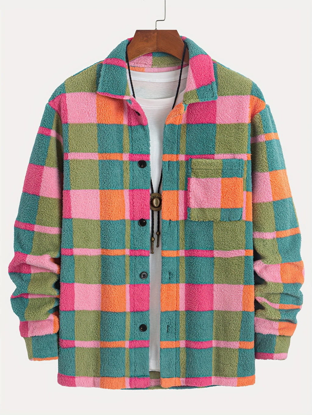 Vibrant Check Sherpa Fleece Oversized Shirt Jacket