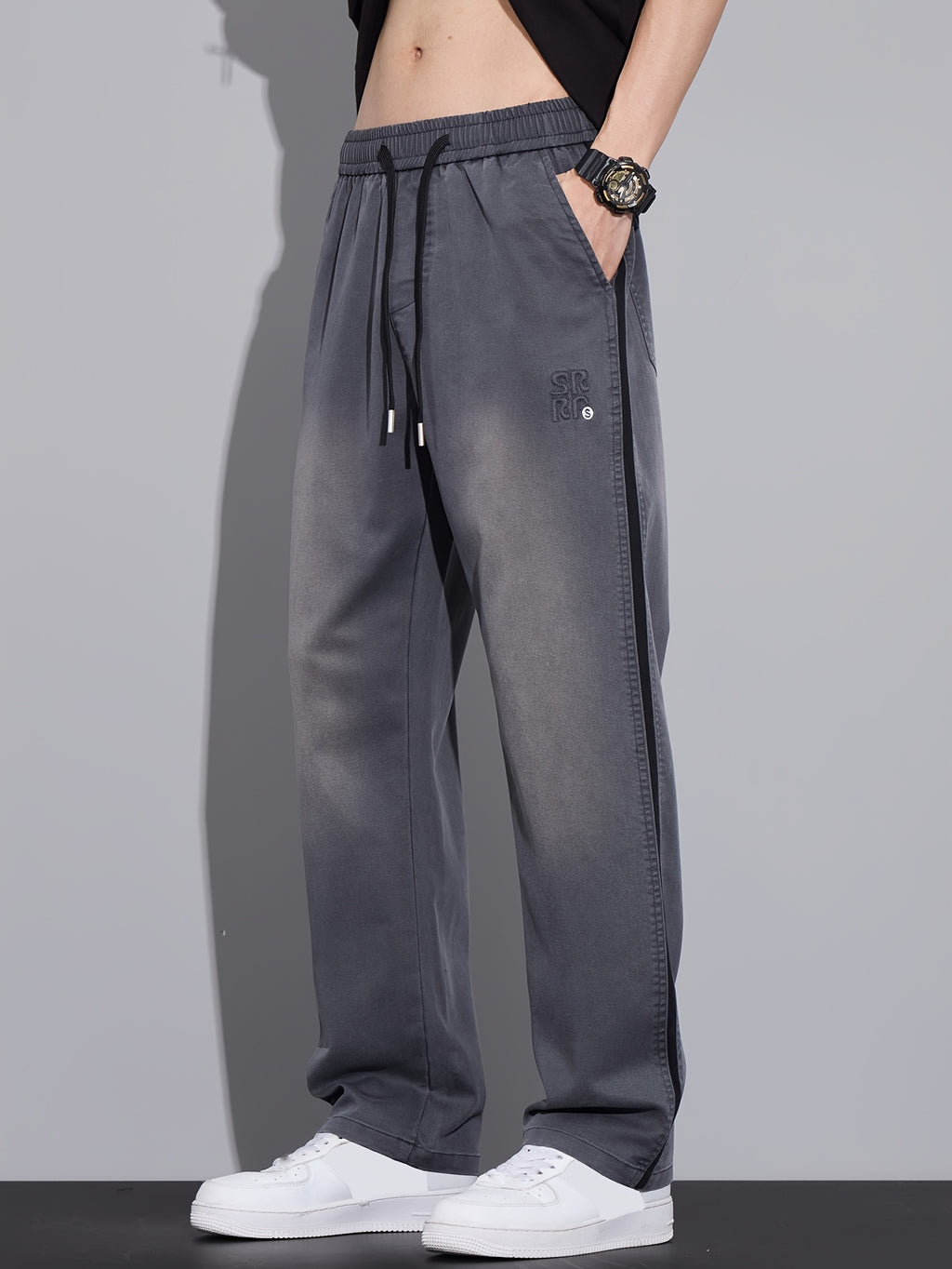 Gray Gradient Side-Stripe Wide-Leg Casual Pants