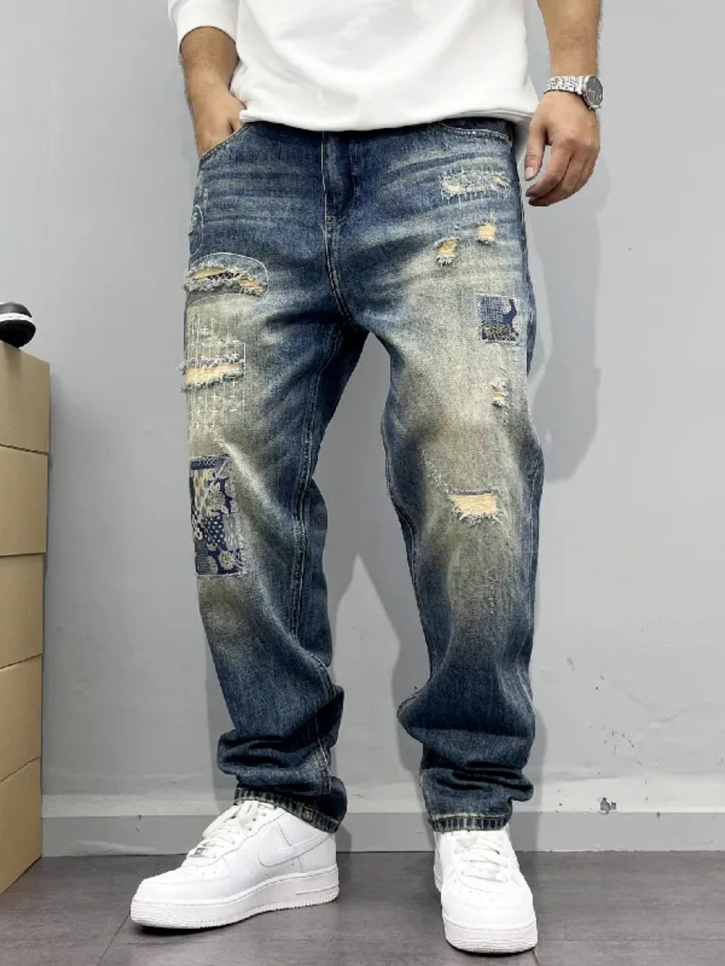 Vintage Distressed Patchwork Relaxed Tapered Jeans