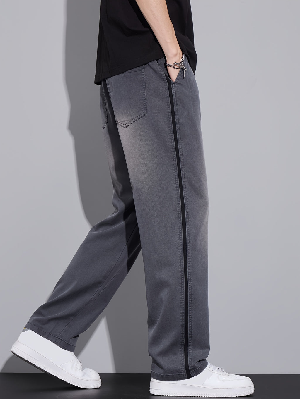 Gray Gradient Side-Stripe Wide-Leg Casual Pants
