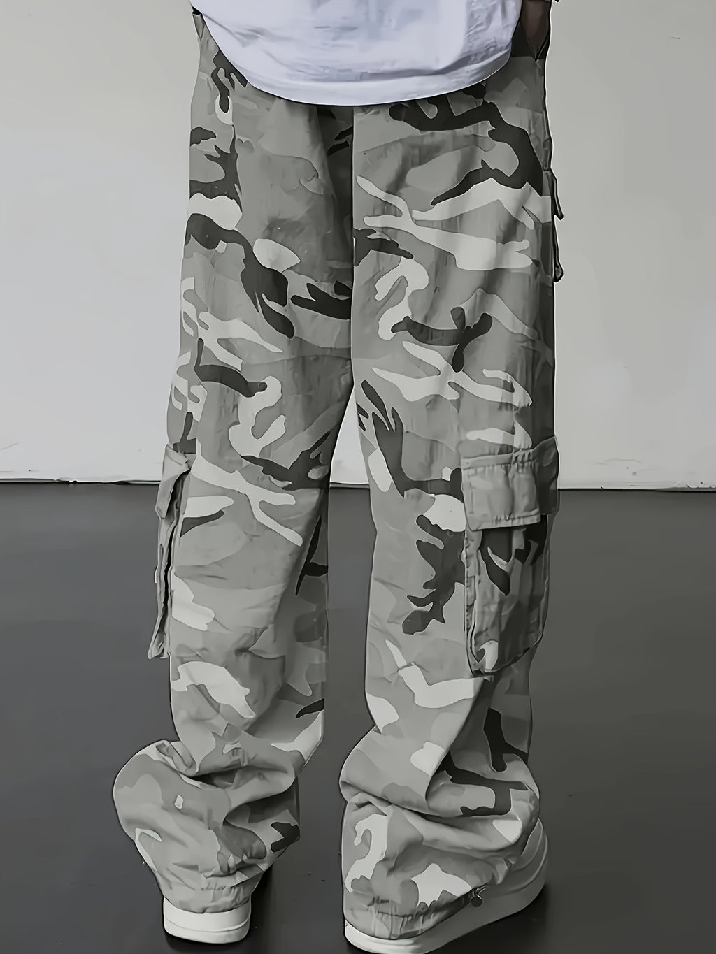 Light Gray Camo Oversized Wide-Leg Cargo Pants