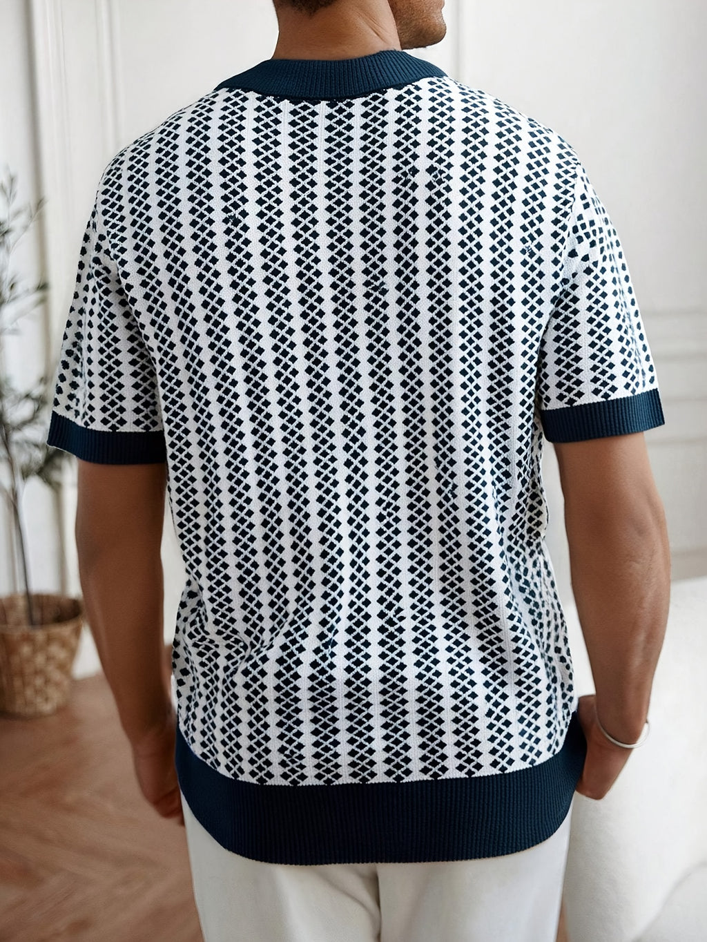Navy & White Diamond Pattern Knit Polo Shirt