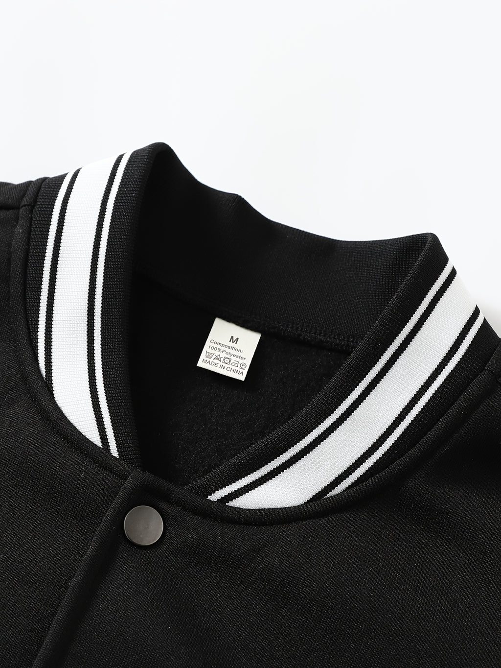 Black Varsity Graphic Baseball Jacket with Faux Leather Sleeves