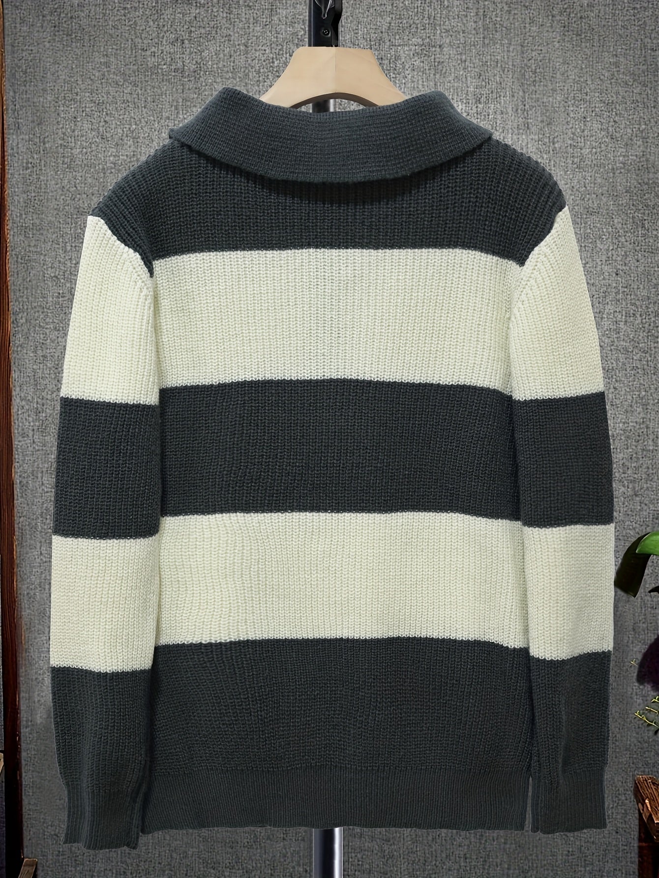 Gray & Cream Striped Half-Zip Polo Knit Sweater