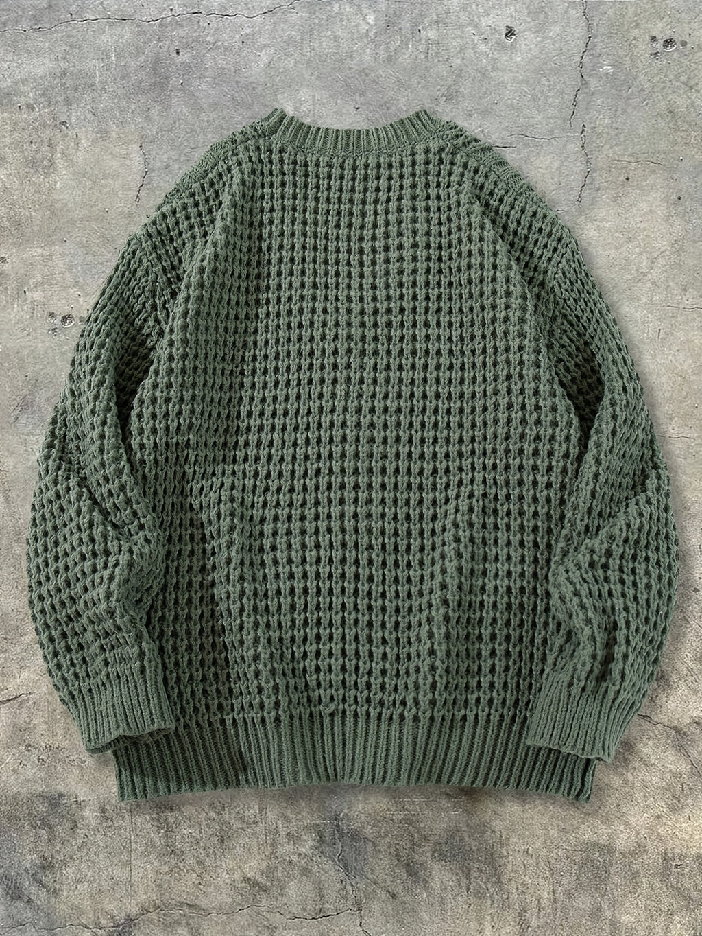 Vintage Olive Green Textured Knit Oversized Cardigan