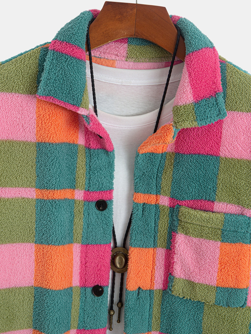 Vibrant Check Sherpa Fleece Oversized Shirt Jacket