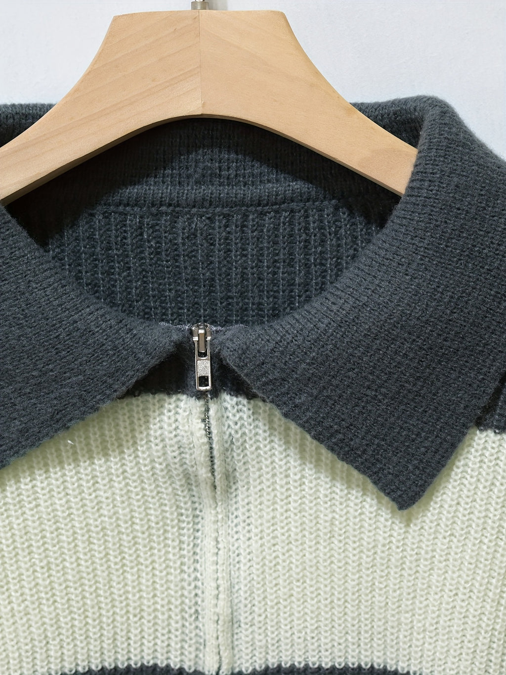 Gray & Cream Striped Half-Zip Polo Knit Sweater