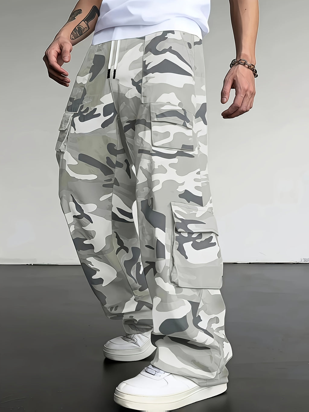 Light Gray Camo Oversized Wide-Leg Cargo Pants