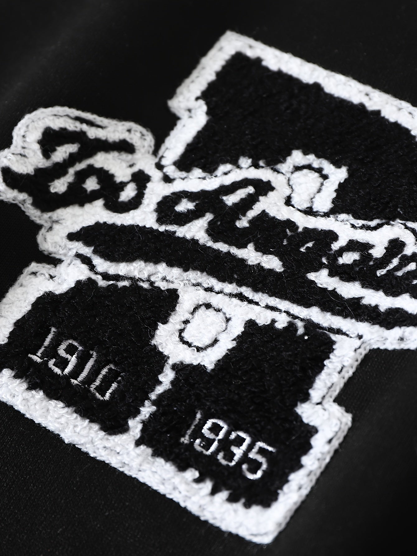 Black Varsity Graphic Baseball Jacket with Faux Leather Sleeves