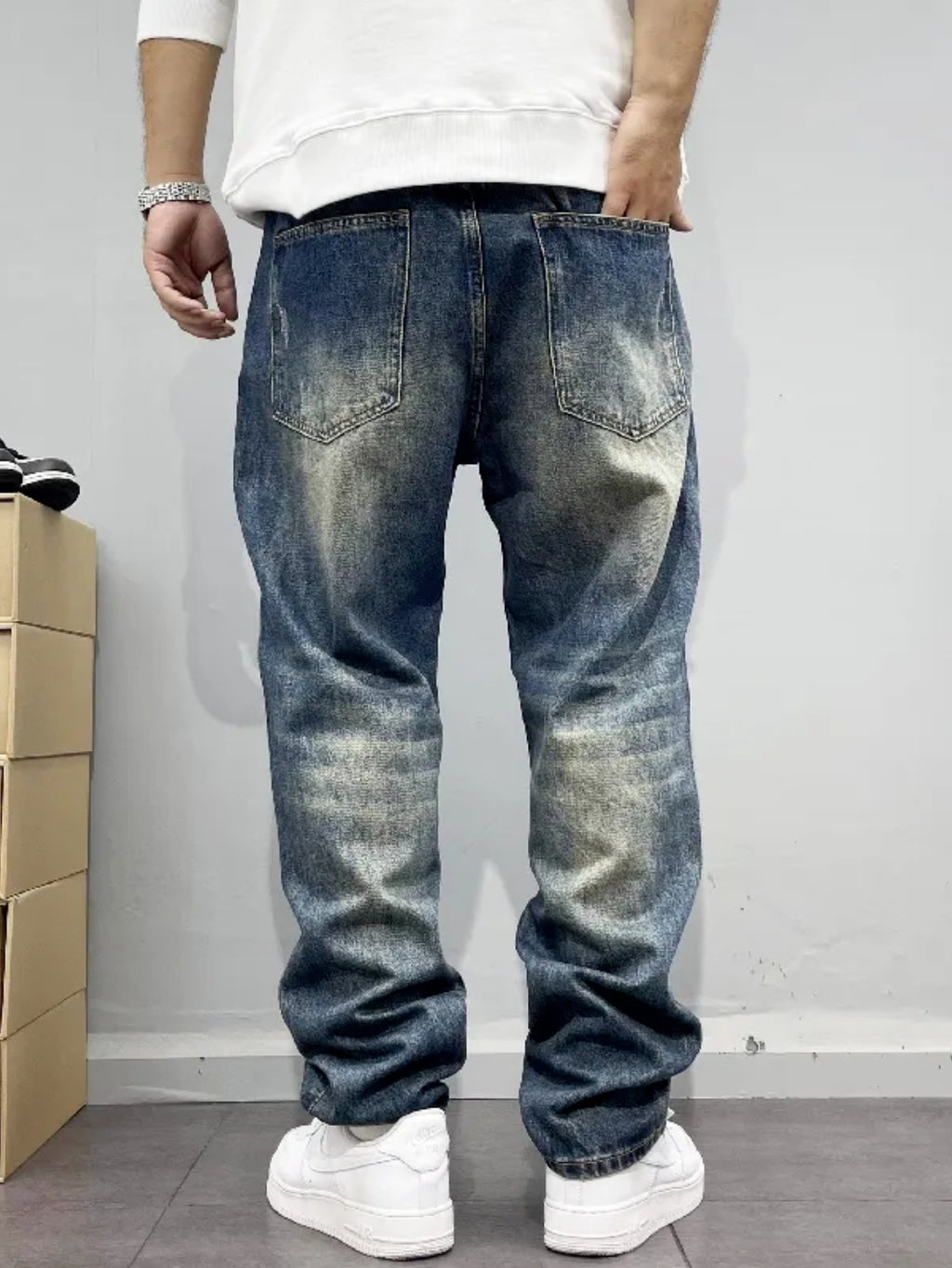 Vintage Distressed Patchwork Relaxed Tapered Jeans