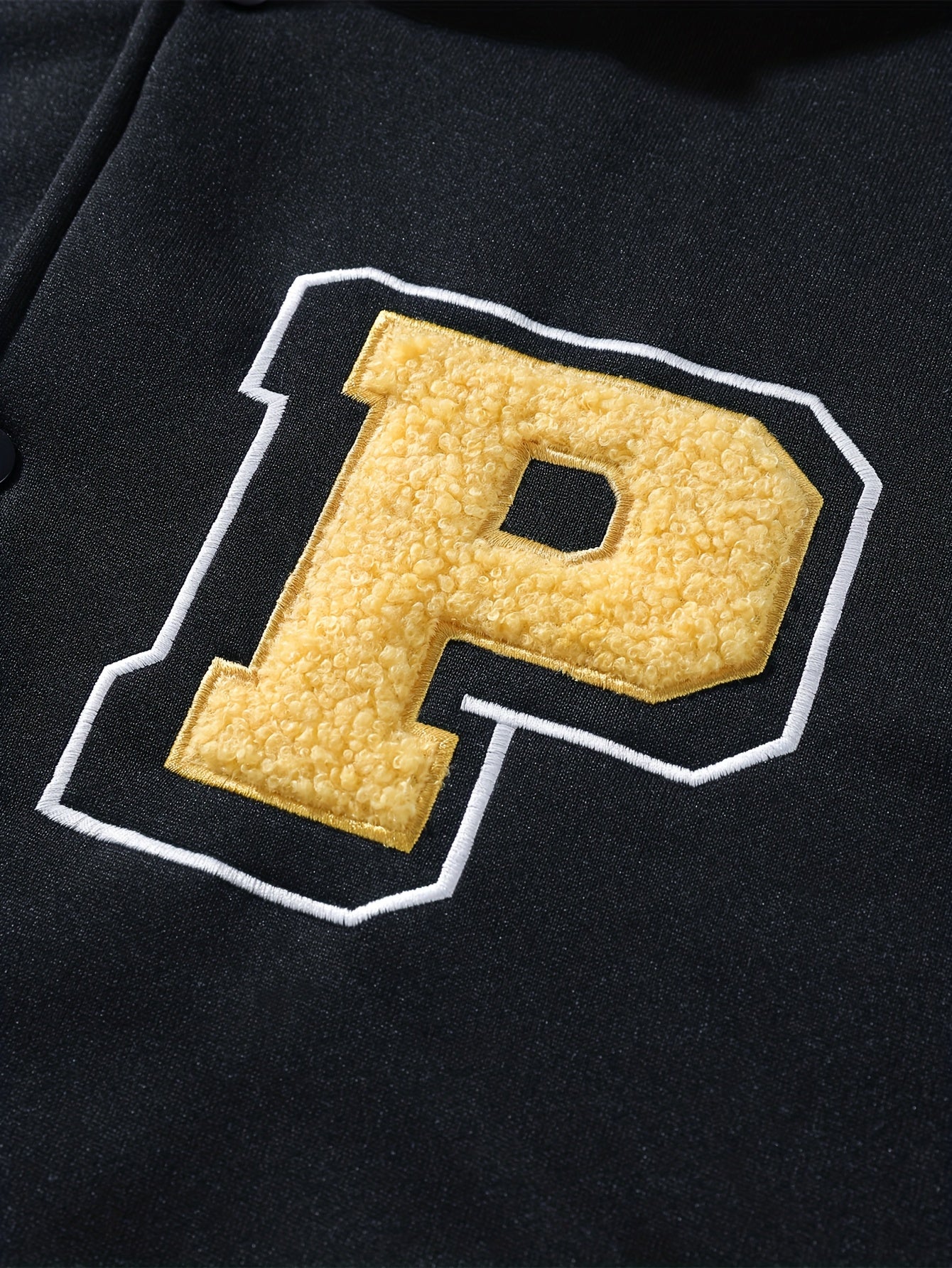 Black & Gray Hooded Varsity Baseball Jacket with Graphic Patches