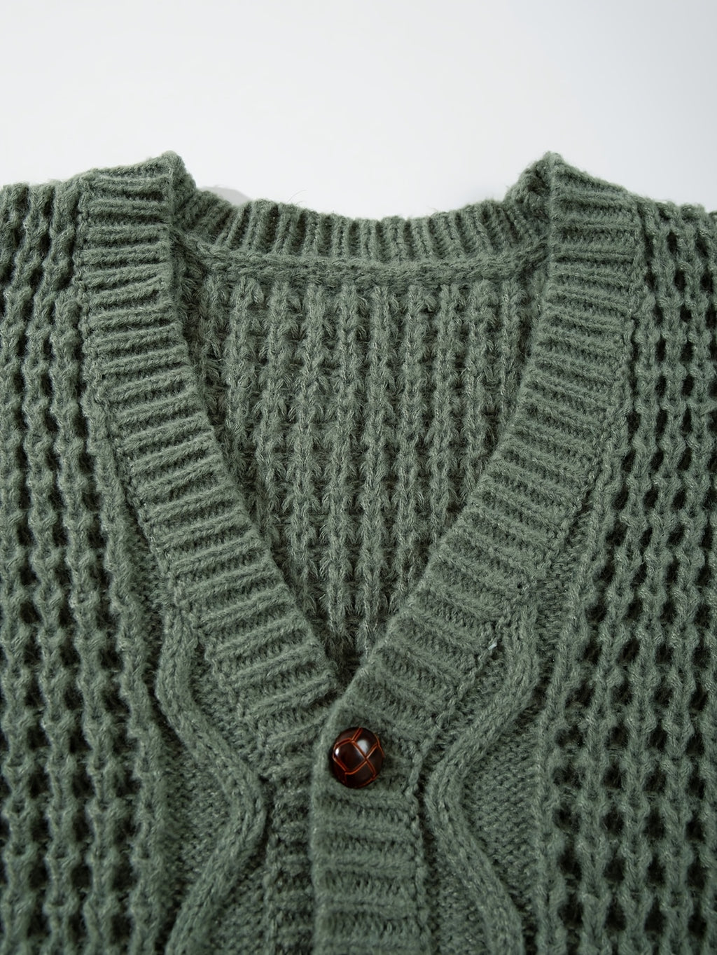 Vintage Olive Green Textured Knit Oversized Cardigan