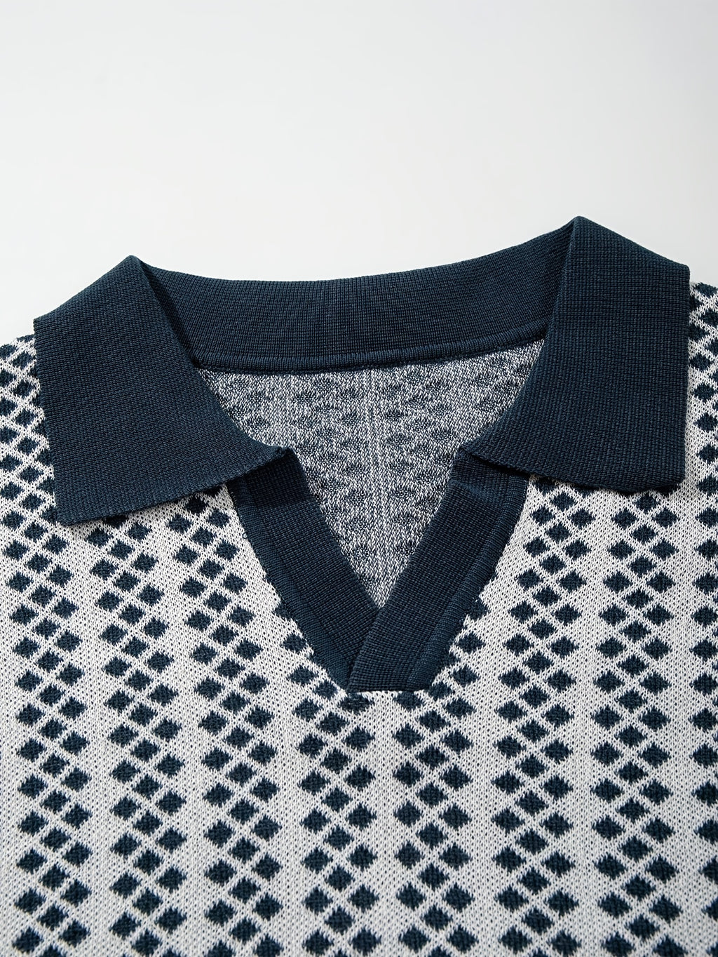 Navy & White Diamond Pattern Knit Polo Shirt