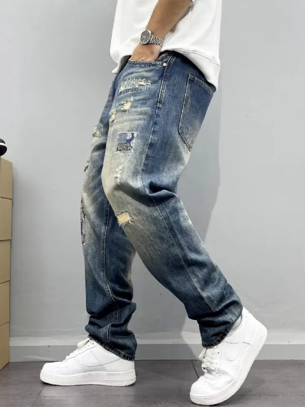 Vintage Distressed Patchwork Relaxed Tapered Jeans