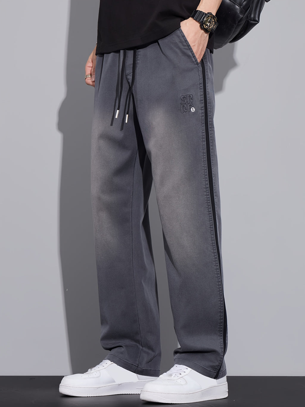 Gray Gradient Side-Stripe Wide-Leg Casual Pants