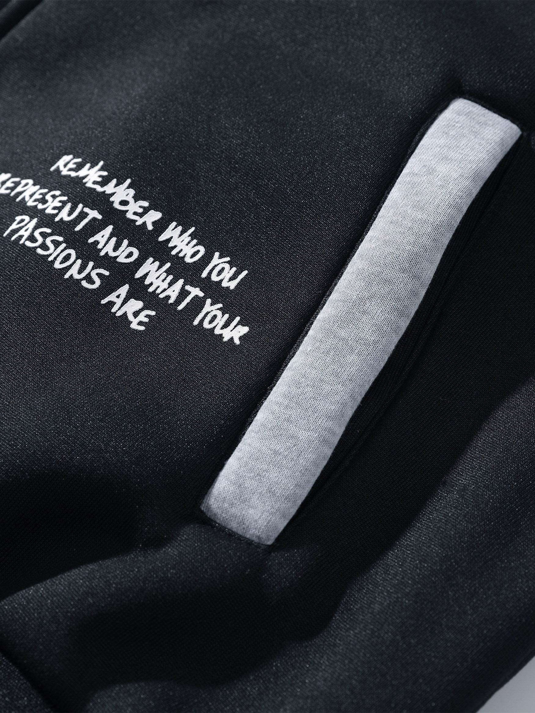 Black & Gray Hooded Varsity Baseball Jacket with Graphic Patches