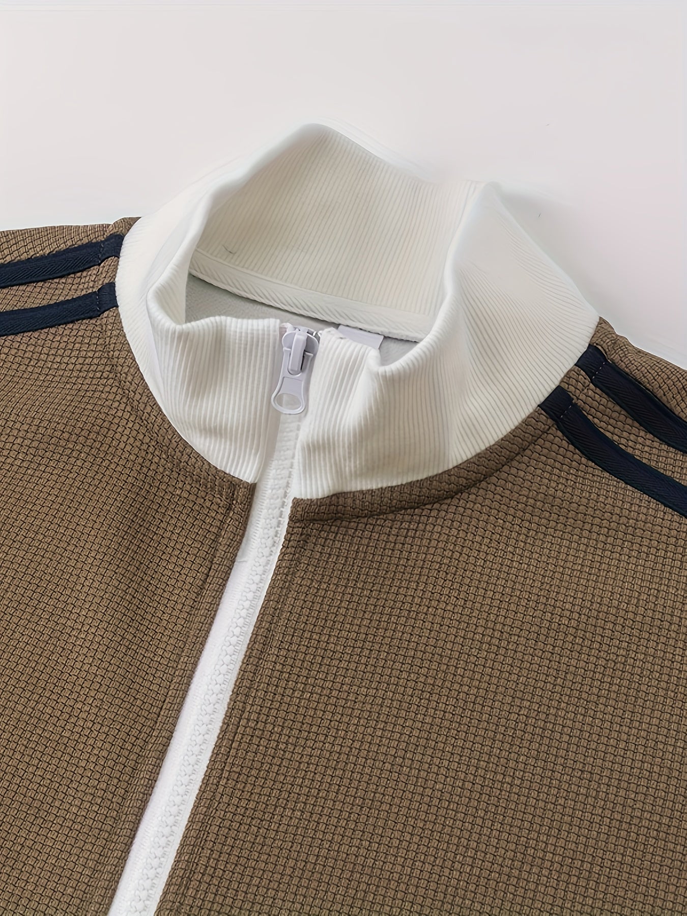 Camel Waffle-Knit Retro Track Jacket with Contrast Ribbing