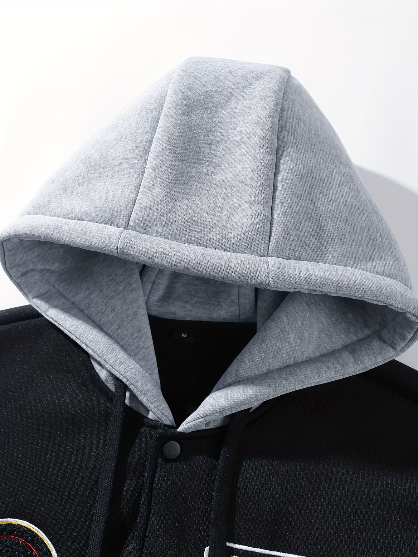 Black & Gray Hooded Varsity Baseball Jacket with Graphic Patches